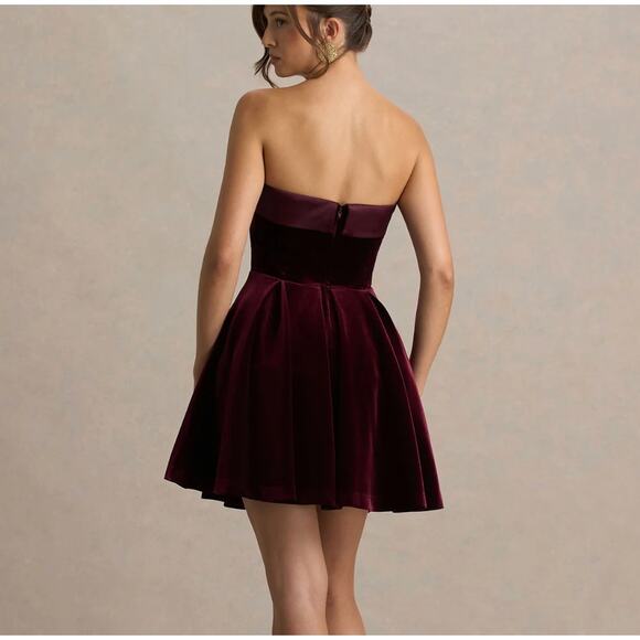 Club L London Mina Velvet Strapless Bandeau Mini Dress Red Burgundy 6 - Picture 2 of 8
